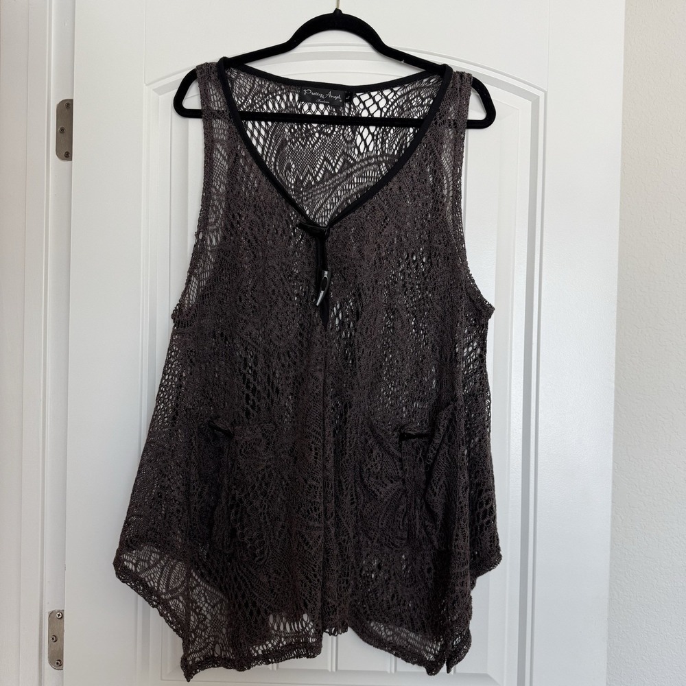 Pretty Angel L Gray/Black Crochet Lace Tank Floral Knit Boho‎ Y2K Festival Sheer